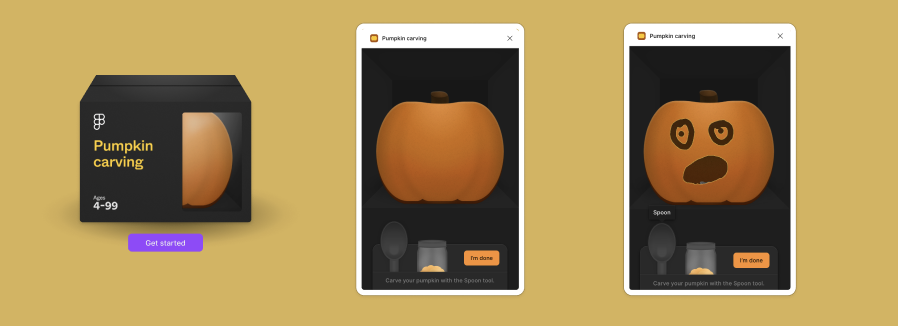Three screenshots of the pumpkin carving widget in Figma, showing its interface, customization options, and a preview of how the carved pumpkin design changes as the settings are adjusted.